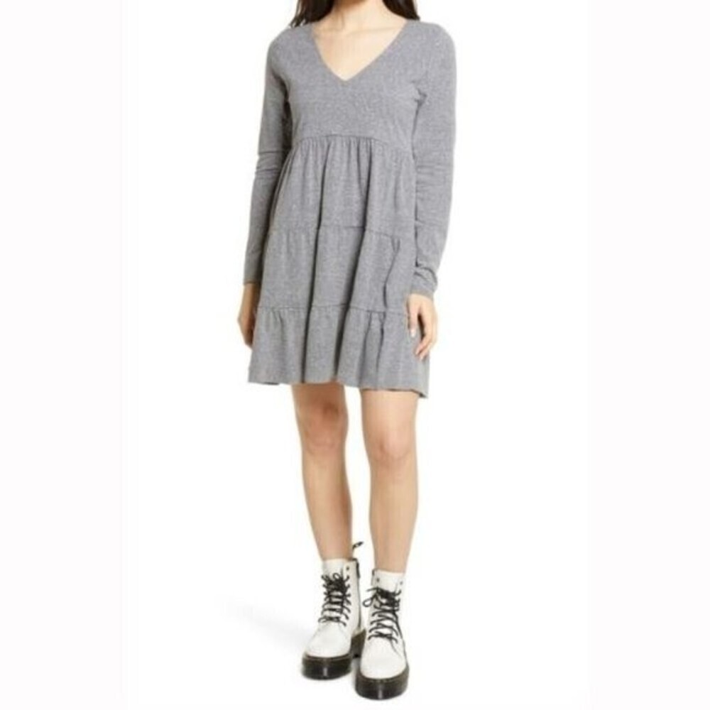 BP. NWT Light Grey Long Sleeve Tiered Mini Dress Junior's Size XS